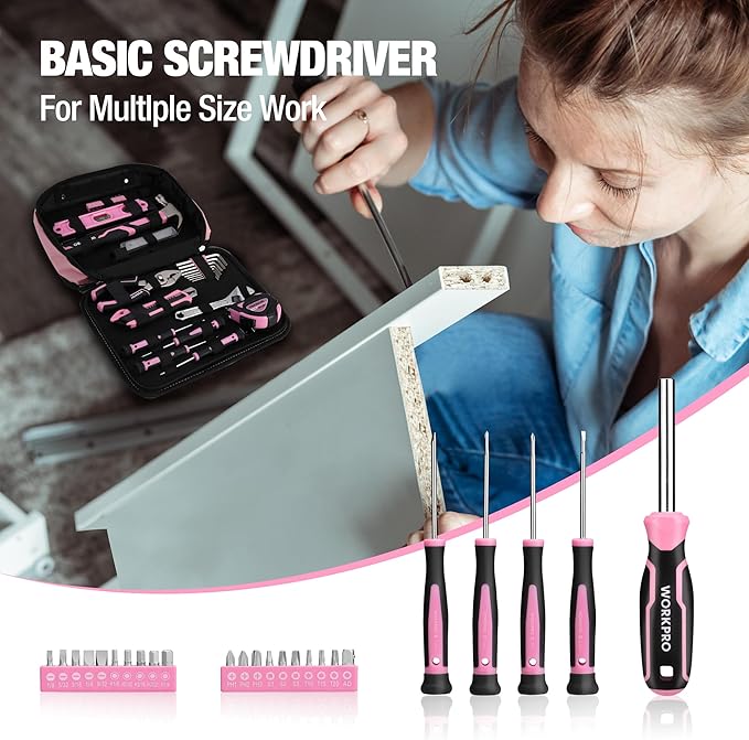 Pink basic screwdriver set with multiple screwdrivers and compact case for storage.