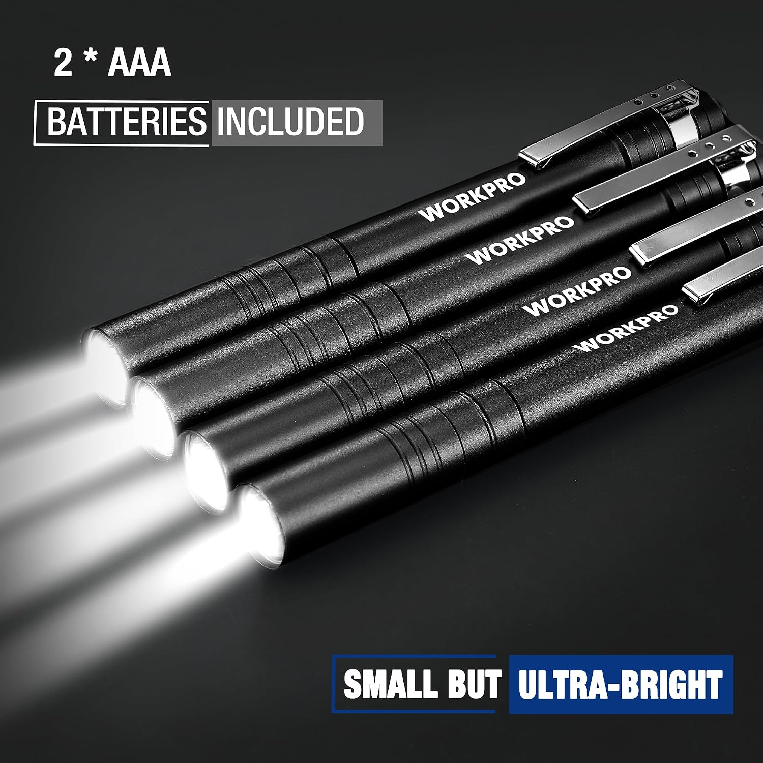 Black LED pen flashlight with two AAA battery compartment visible and beam tip