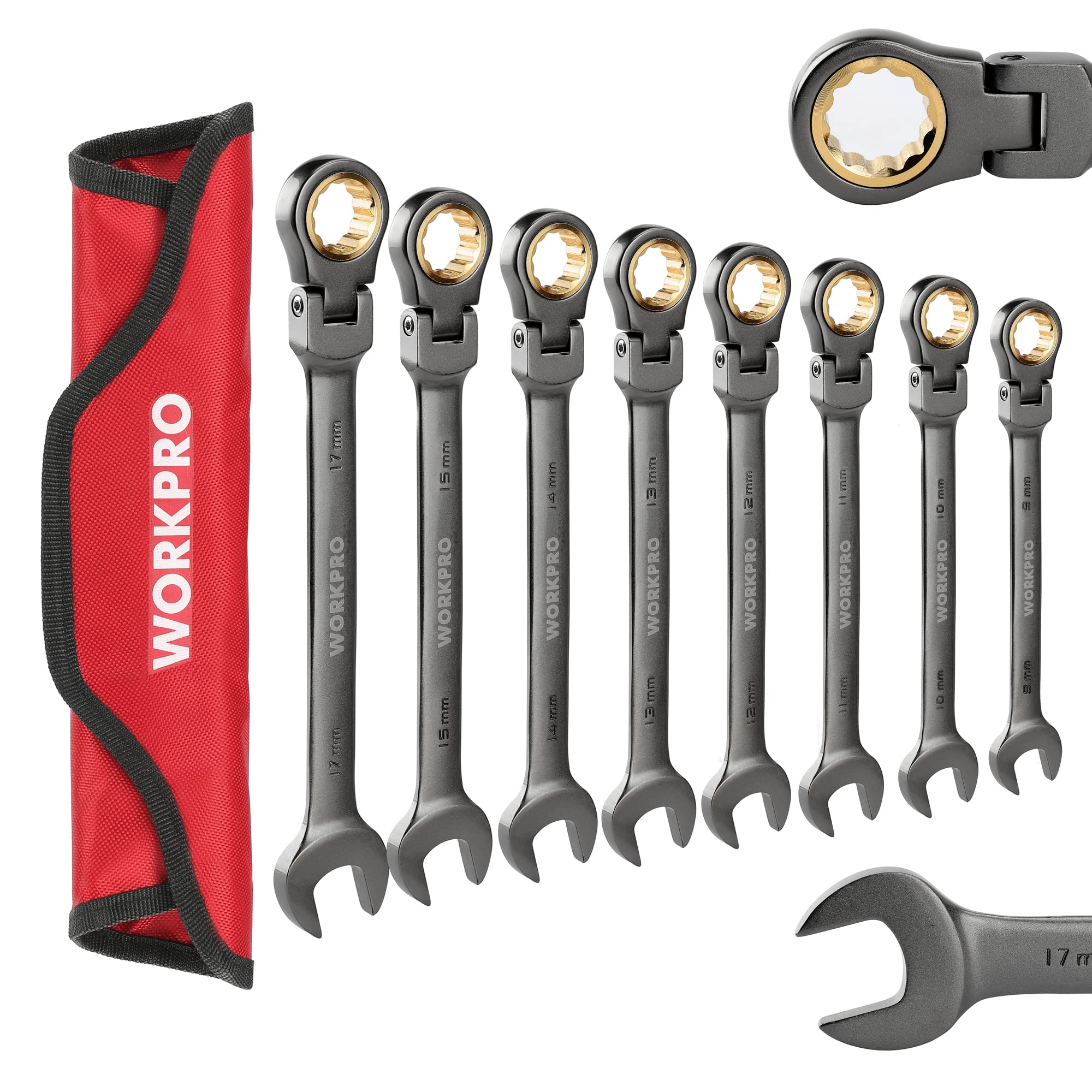 WORKPRO 8-piece ratcheting combination wrench set with red storage bag