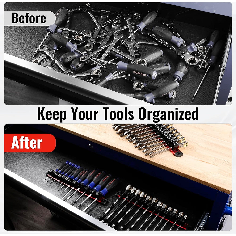 Magnetic tool organizer insert rail with rows of clip holders on a drawer