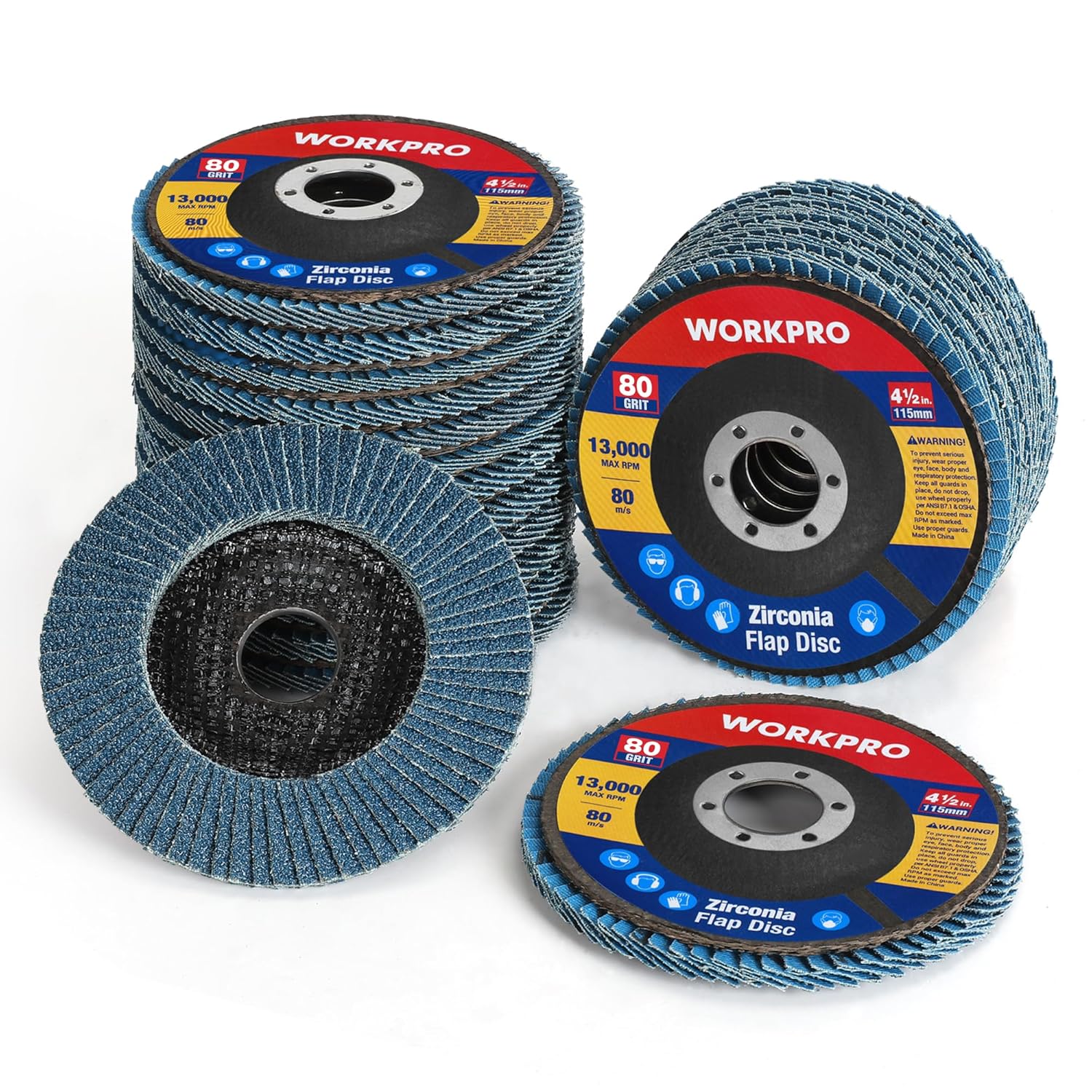 Blue zirconia flap sanding discs set, 4-1/2 in, 80 grit, with arbor centers