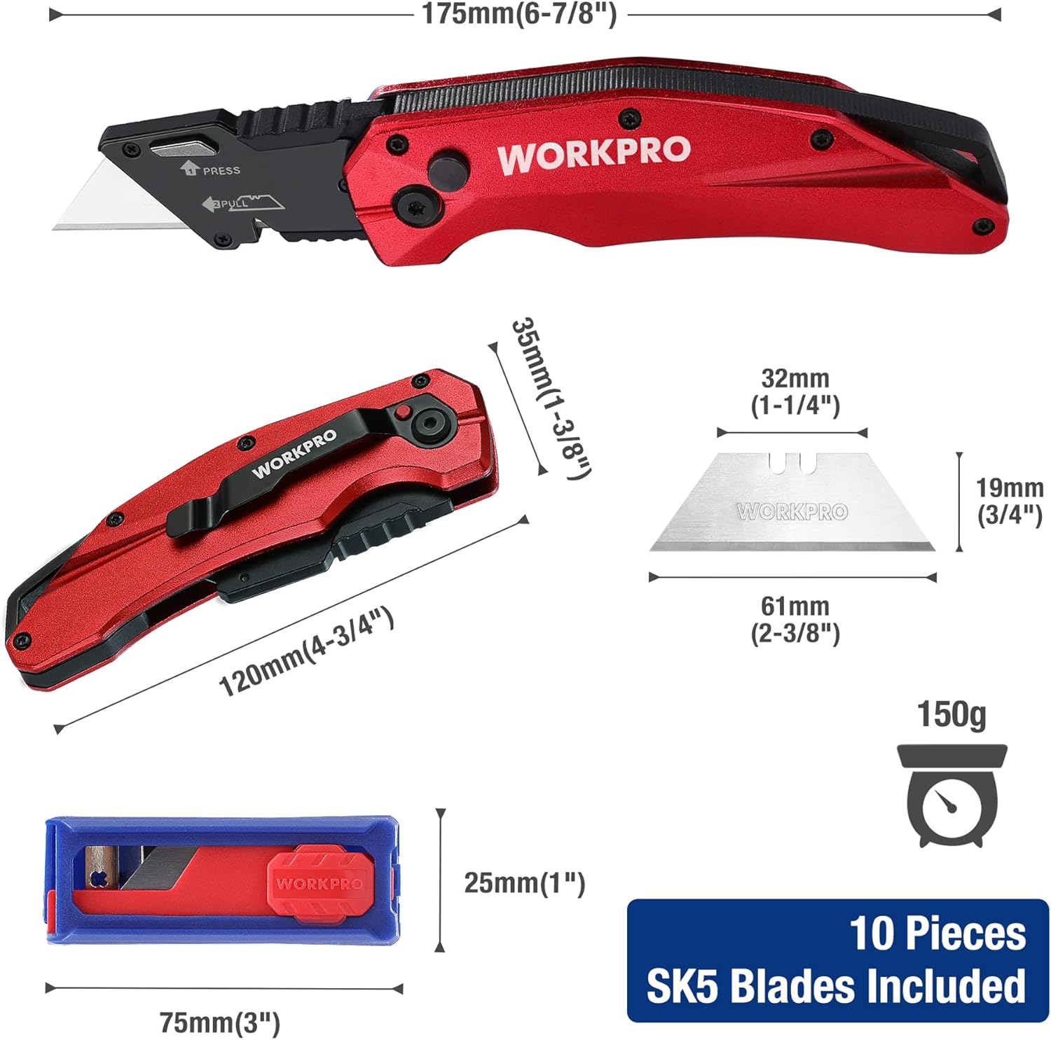 Red and black folding utility knife with retractable blade and metal handle