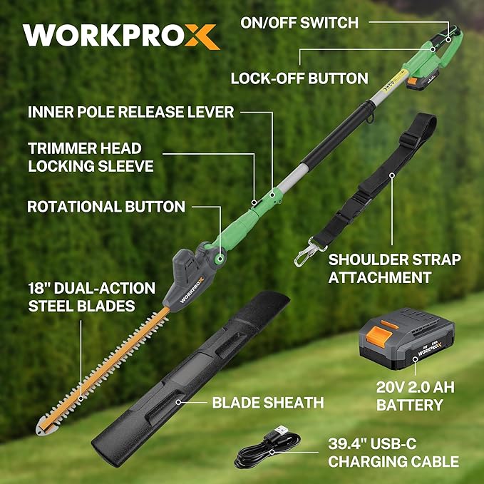 WORKPROX 20V Cordless Pole Hedge Trimmer, 9.2-Feet Reach, 11 Rotating Head