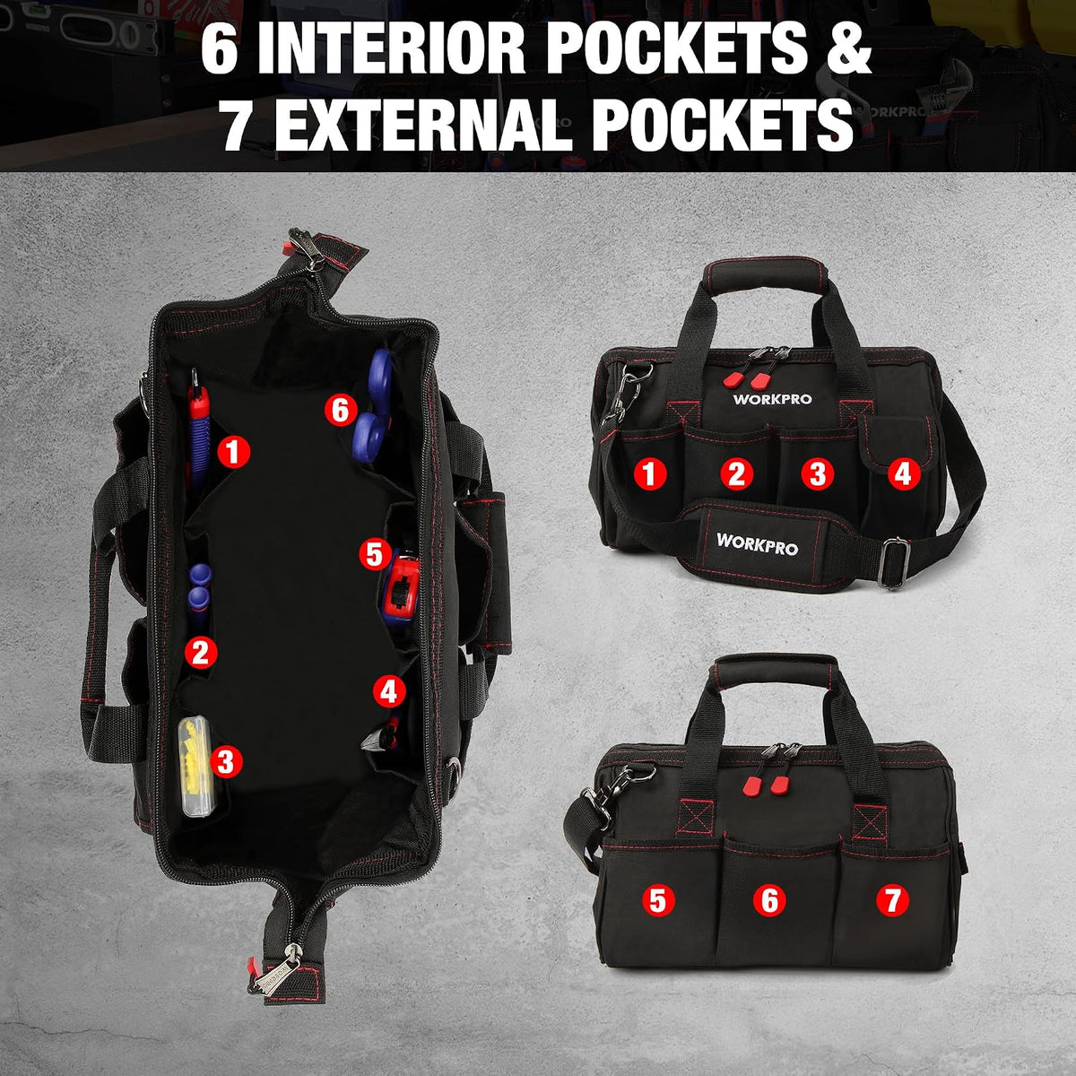 WORKPRO 14-inch Tool Bag Multi-pocket Tool Organizer with Adjustable Shoulder Strap