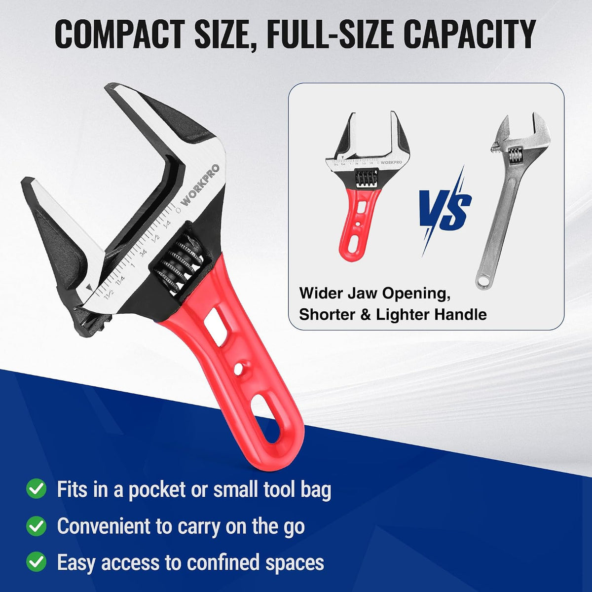 WORKPRO 6" Stubby Adjustable Wrench, 1-5/8" Extra Wide Jaw Opening