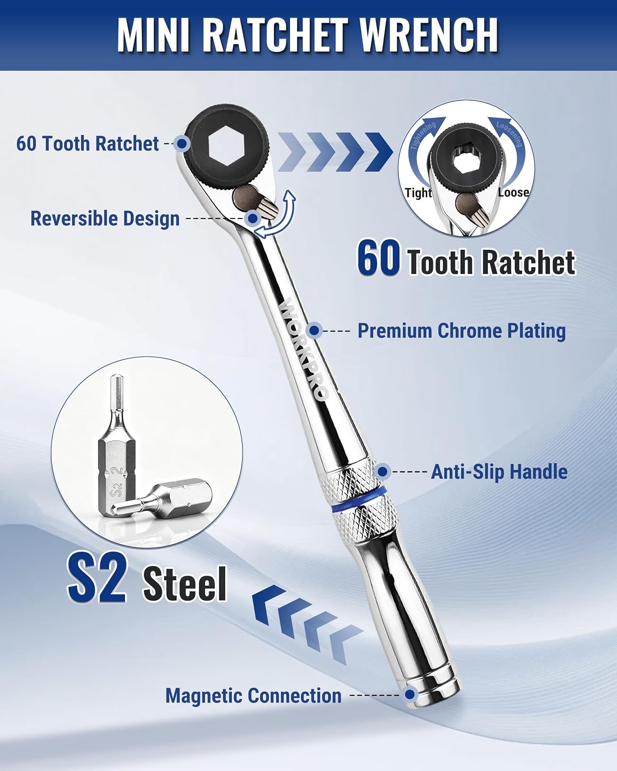 WORKPRO 15PC 14 inch Dr. Mini Ratchet with Extension Bar and Bits Set in chrome with secure durable quality