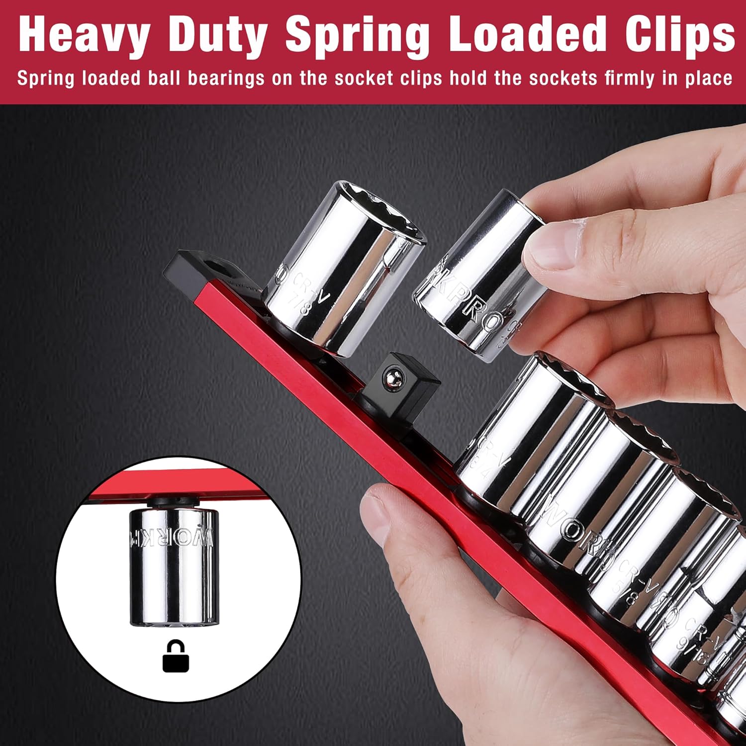 Heavy-duty magnetic socket organizer rail with black clips holding chrome sockets