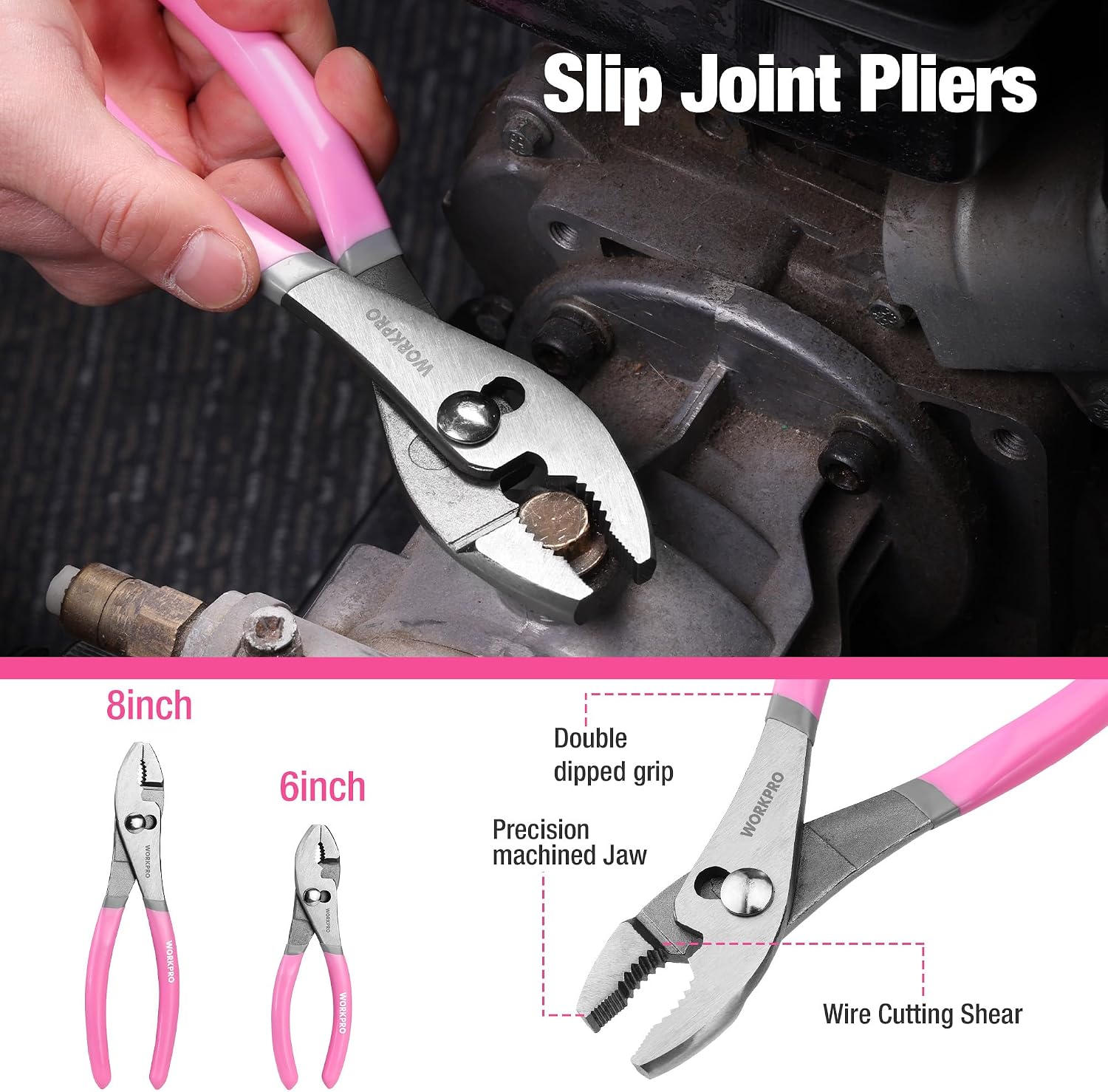 Pink-handled slip joint pliers holding a small metal part