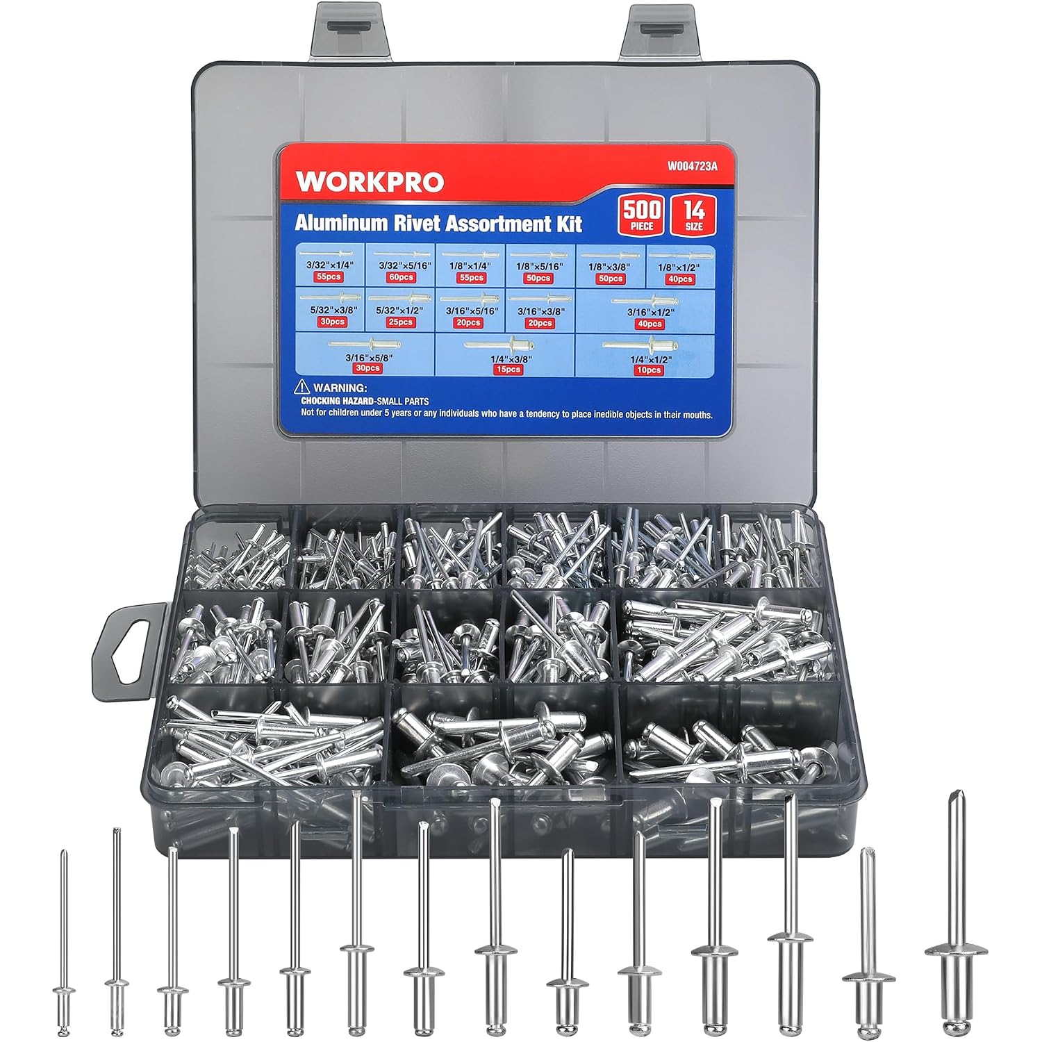 WORKPRO 500pcs Aluminum Blind Rivets, 14 Sizes Pop Rivets Assortment Kit (3/32