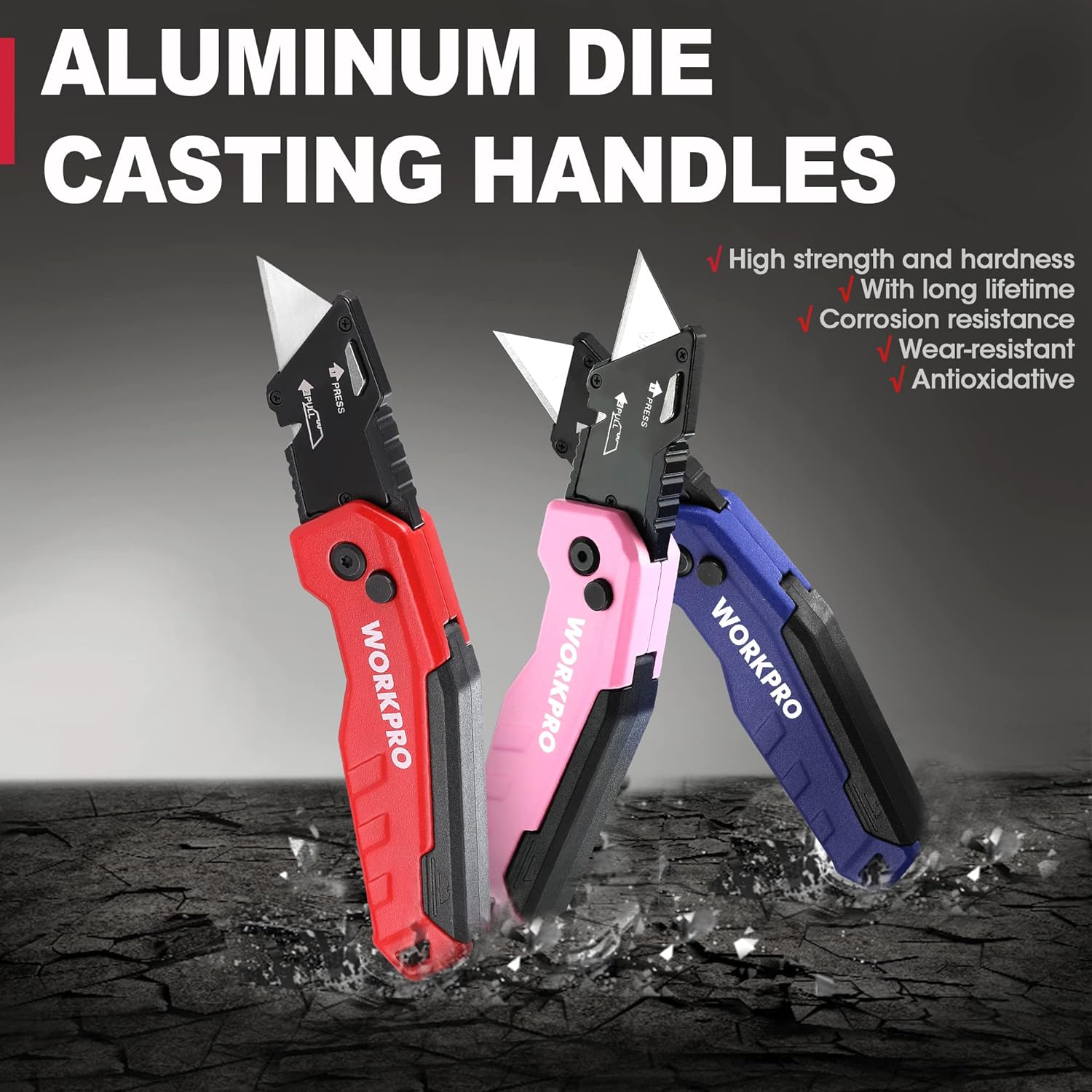 WORKPRO Folding Utility Knife, Quick Change Box Cutte 13 Extra Blades Included, Blue