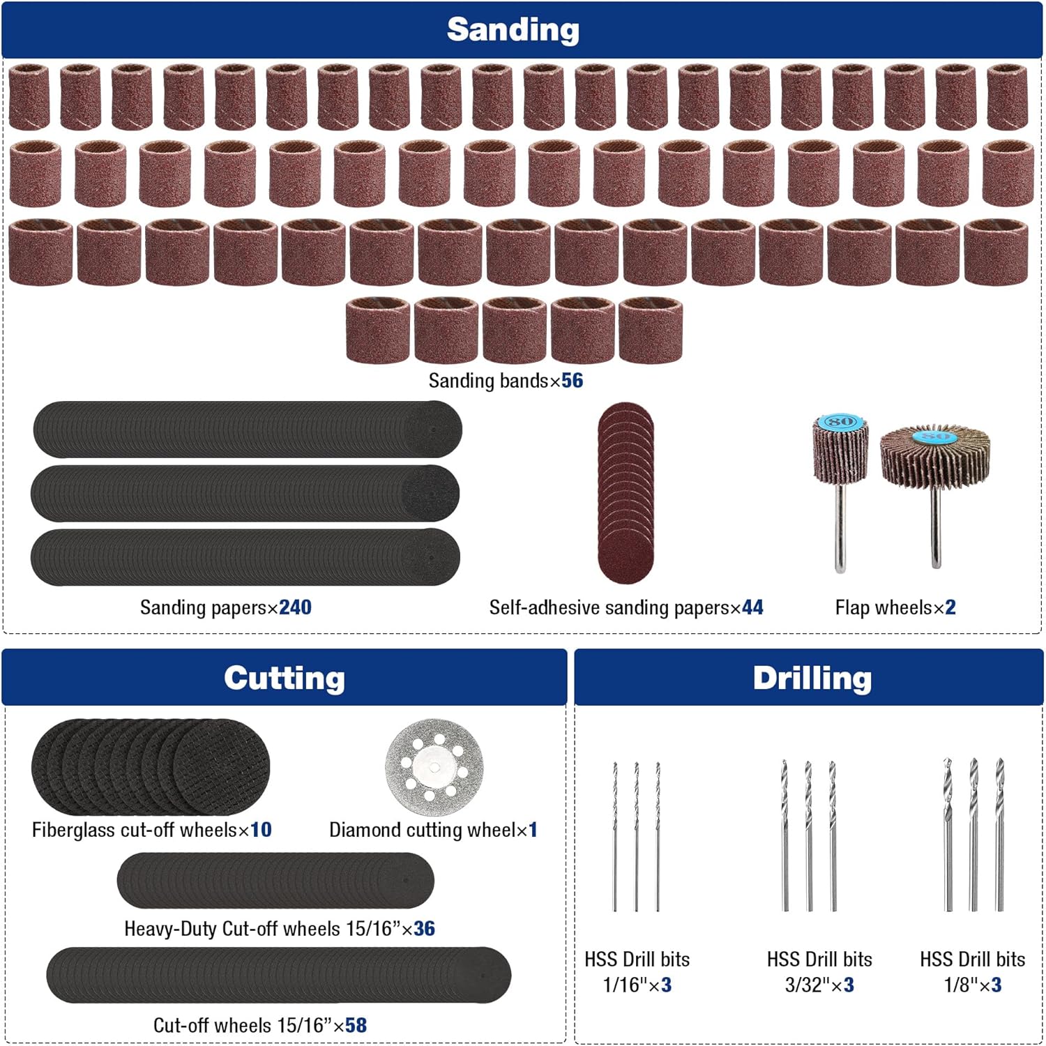 Assorted sanding drums, sanding papers, flap wheels, and flap wheel accessories display