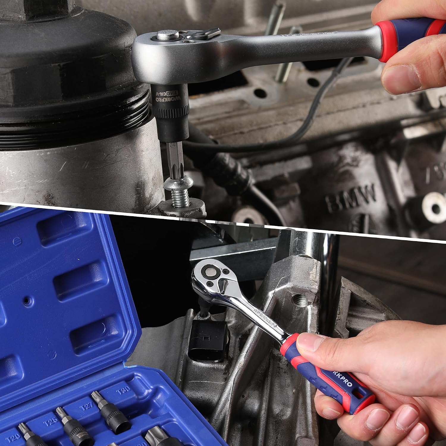 Torx socket bit on a vehicle engine with ratchet wrench