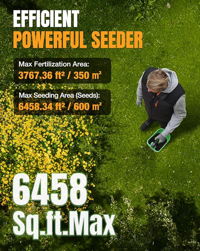 Handheld seed spreader in use on a lawn, dispensing seeds from hopper