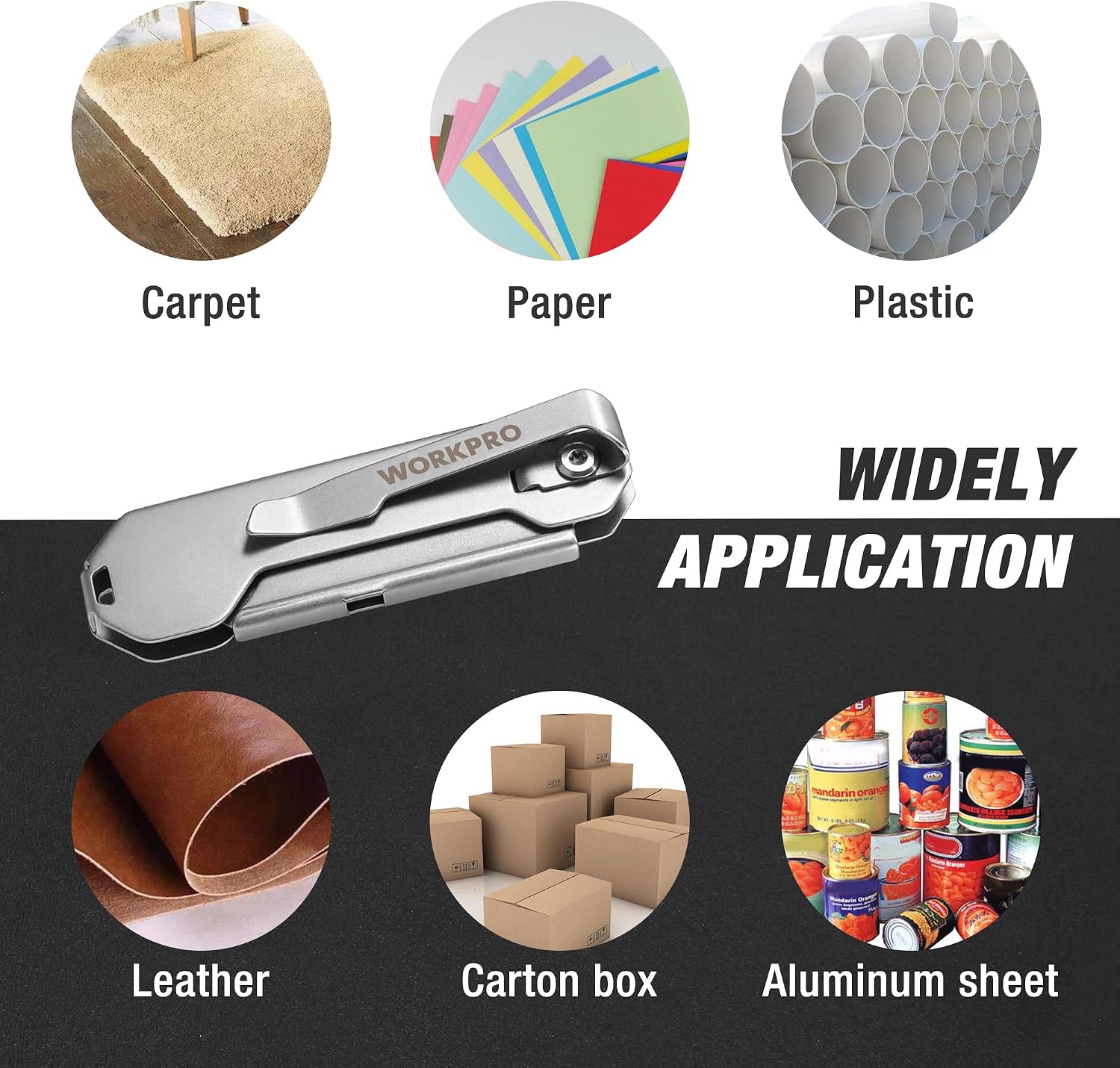 WORKPRO pocket utility knife for cutting paper, carpet, plastic, leather, and cardboard