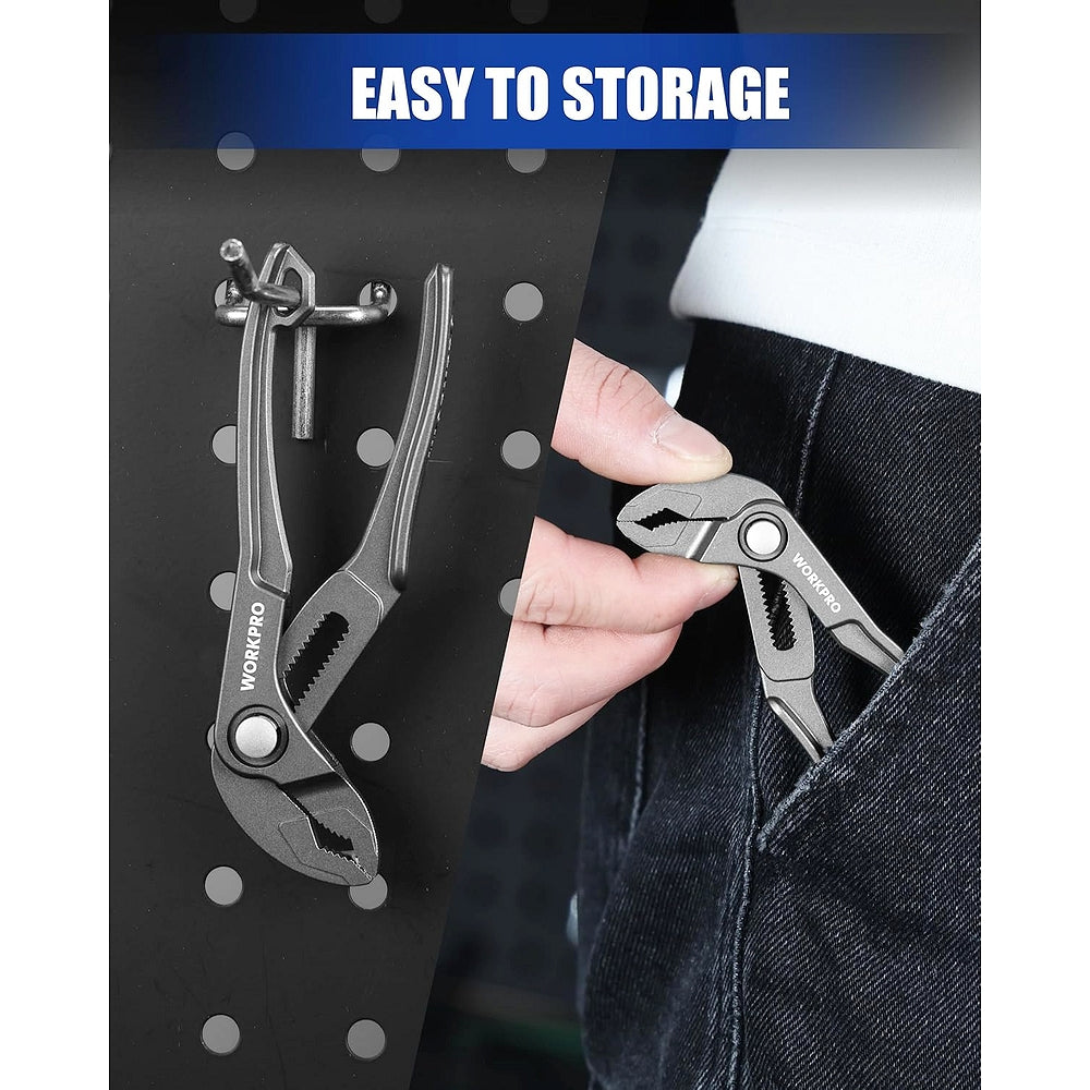 Grey WORKPRO mini water pump pliers clipped for storage on a strap or case