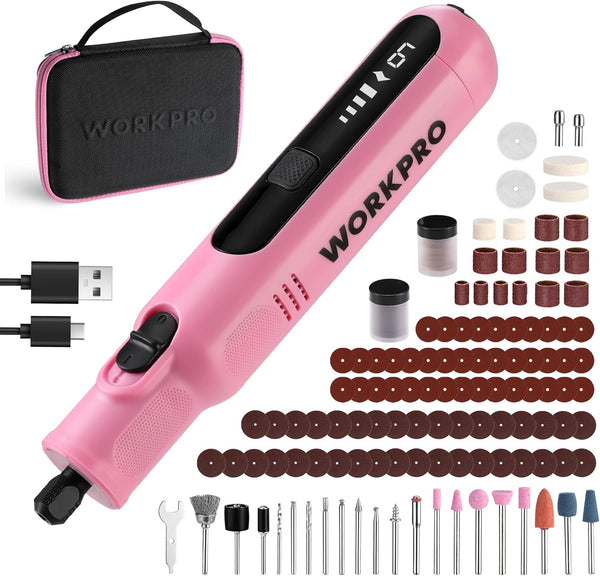 WORKPRO 8V Cordless Rotary Tool Kit, 117 Accessories, 6 Variable Speeds, LED Light, Type-C Charging, for DIY Projects－Pink Ribbon