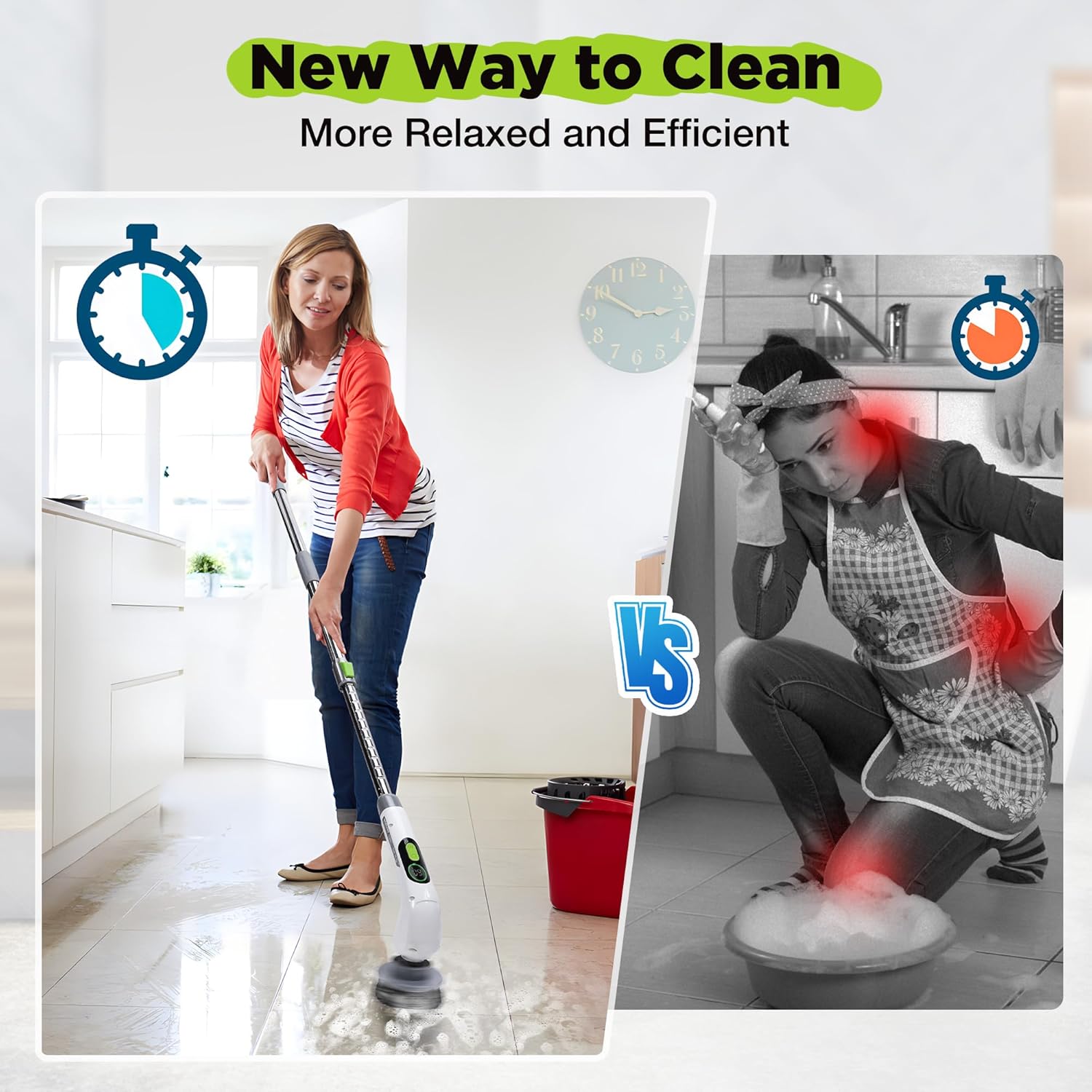 Cordless spin scrubber with long adjustable handle, white body and green accents