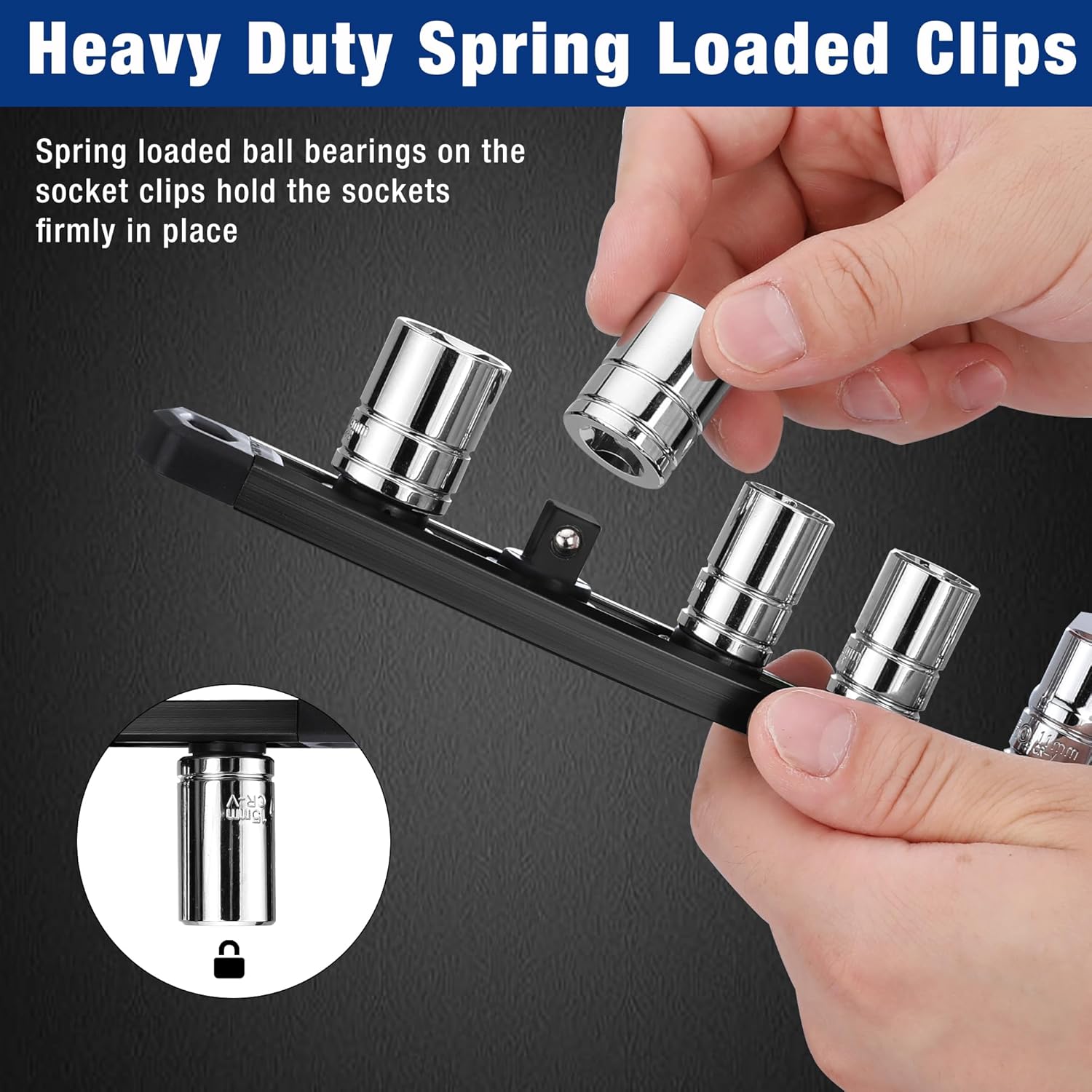 Black spring-loaded socket clips on a magnetic socket organizer rail