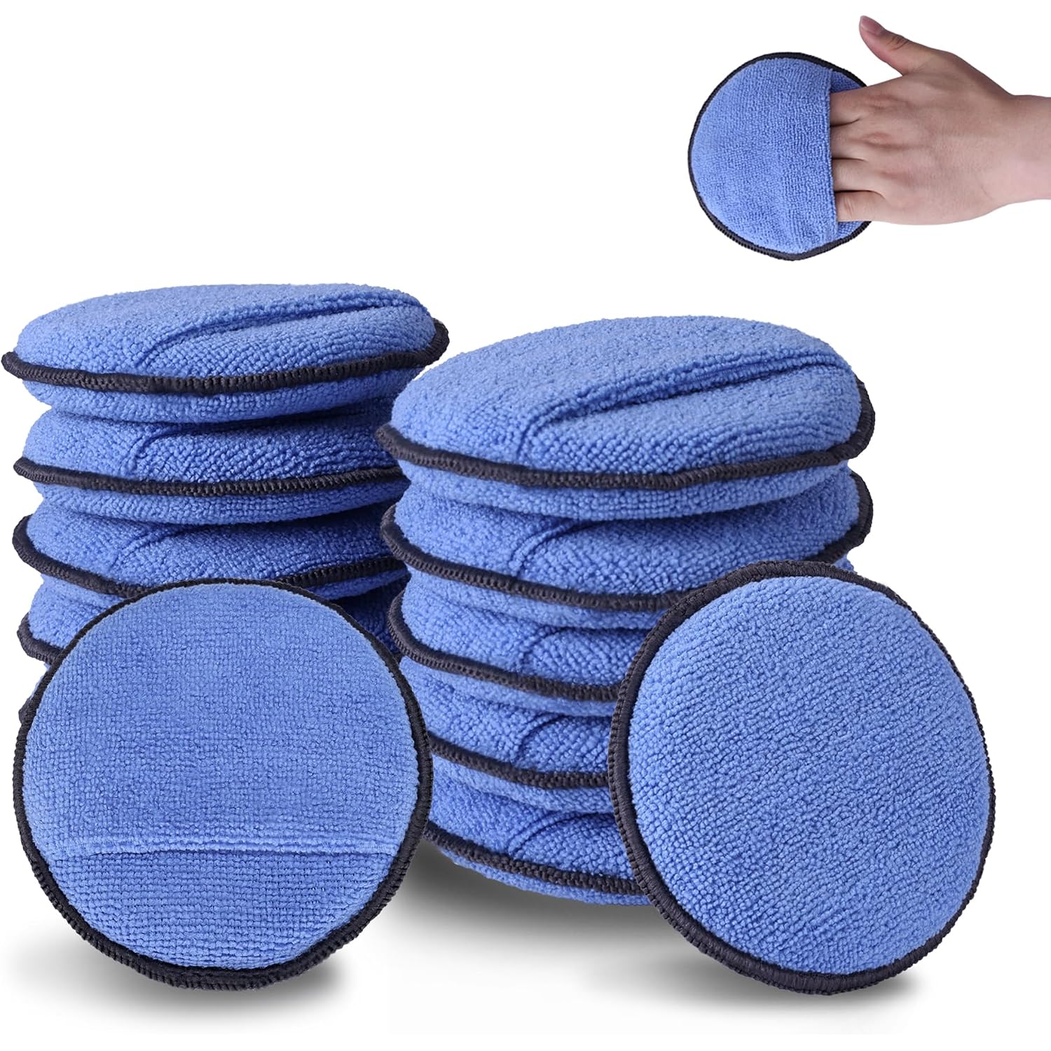 Stack of round blue microfiber applicator pads with black trim