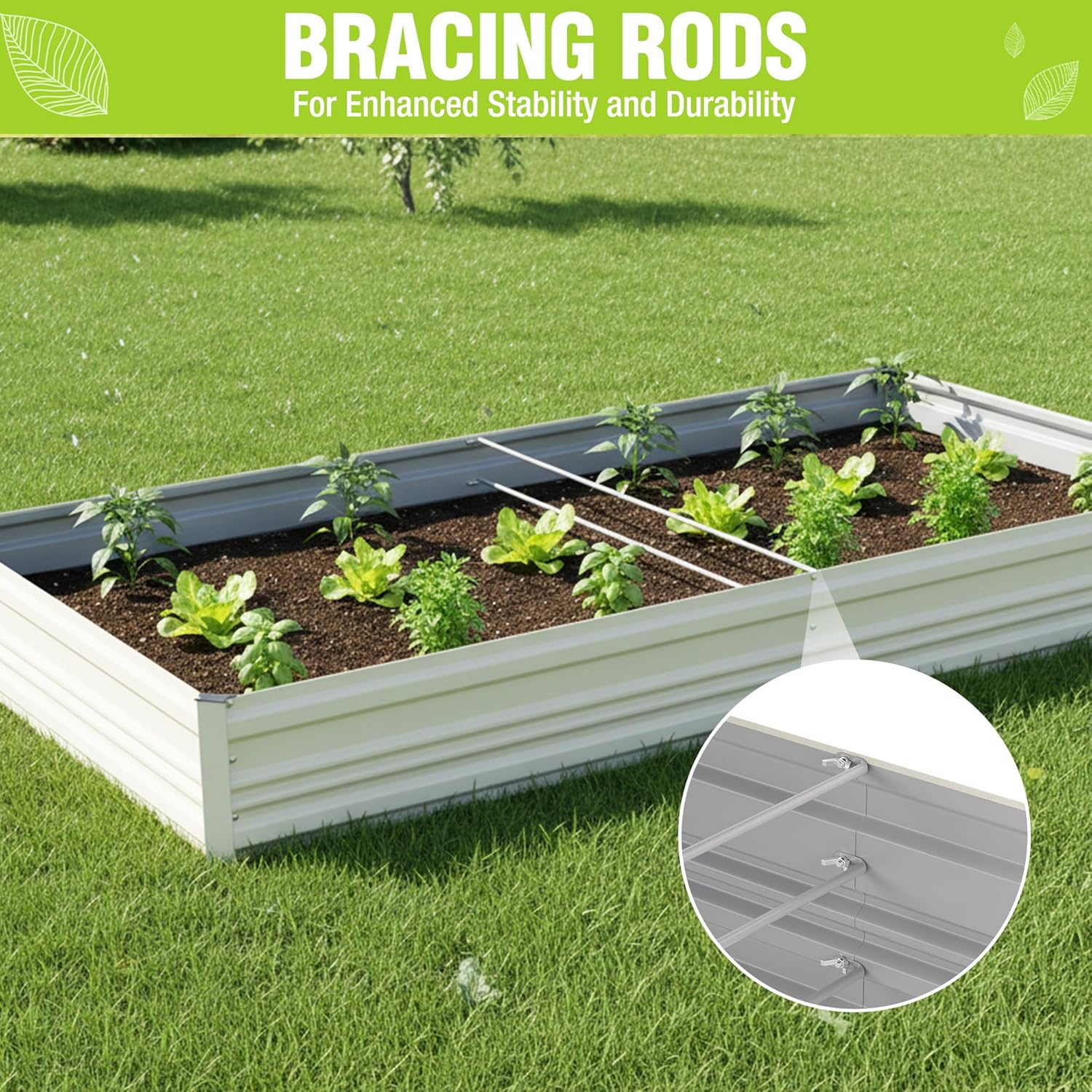 White metal raised garden bed with interior bracing rods and leafy plants