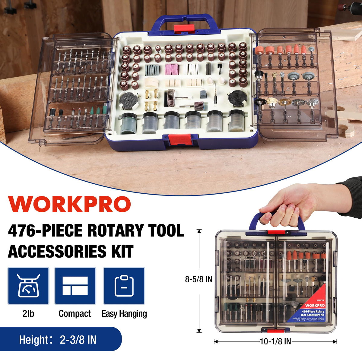 Rotary tool accessory kit with blue carry case and open compartments