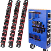 Set of magnetic tool organizer rails with black clip holders for drawer storage