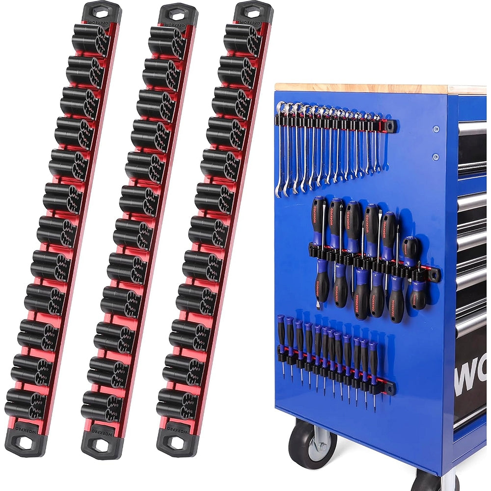 Set of magnetic tool organizer rails with black clip holders for drawer storage