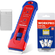 Retractable razor blade scraper with spare single-edge blades pack, red and blue