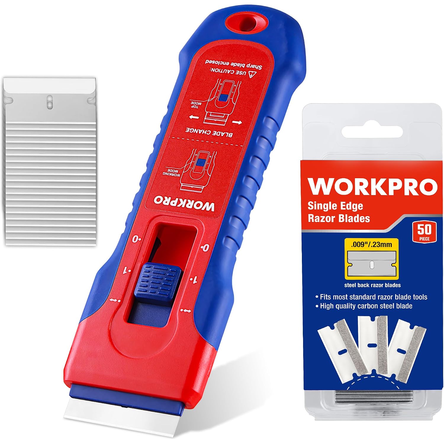 Retractable razor blade scraper with spare single-edge blades pack, red and blue
