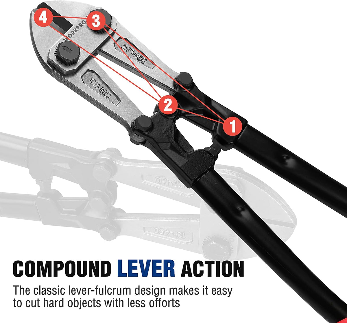 WORKPRO Bolt Cutter, Bi-Material Handle with Soft Rubber Grip, 24", Chrome Molybdenum Steel Blade
