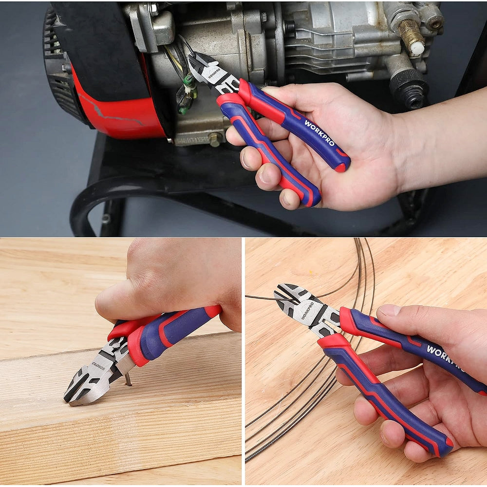 Hand holding diagonal wire cutters with red and blue handles while cutting wire