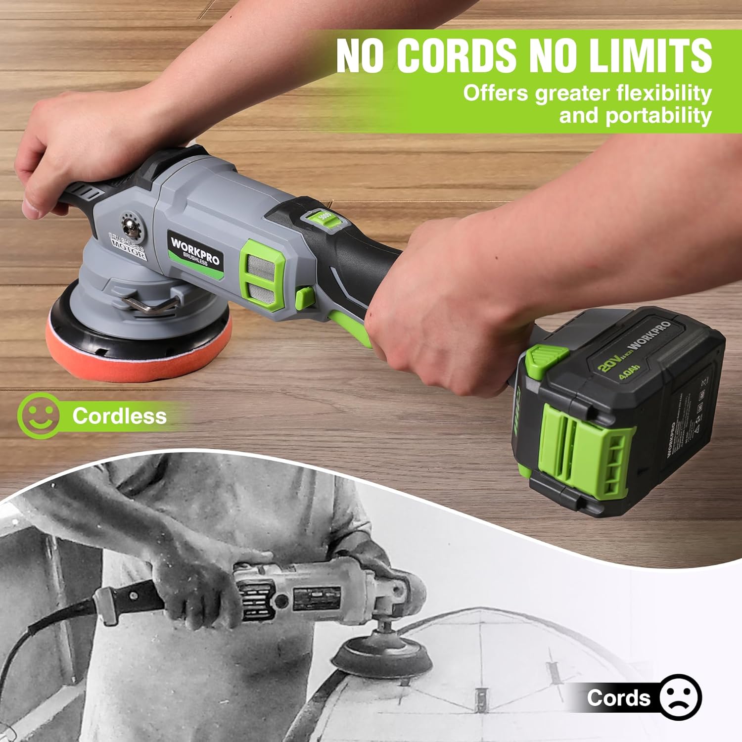 Cordless dual-action buffer polisher with side handle and green-black 20V battery
