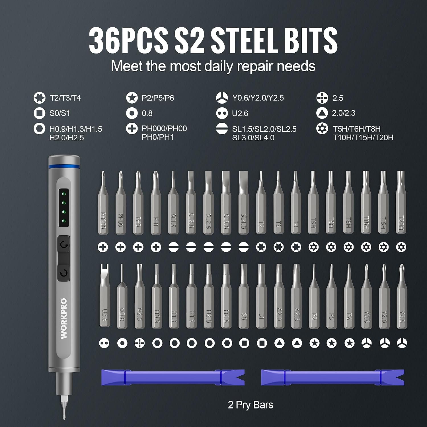 Screwdriver kit with 36 S2 steel bits and two purple pry bars