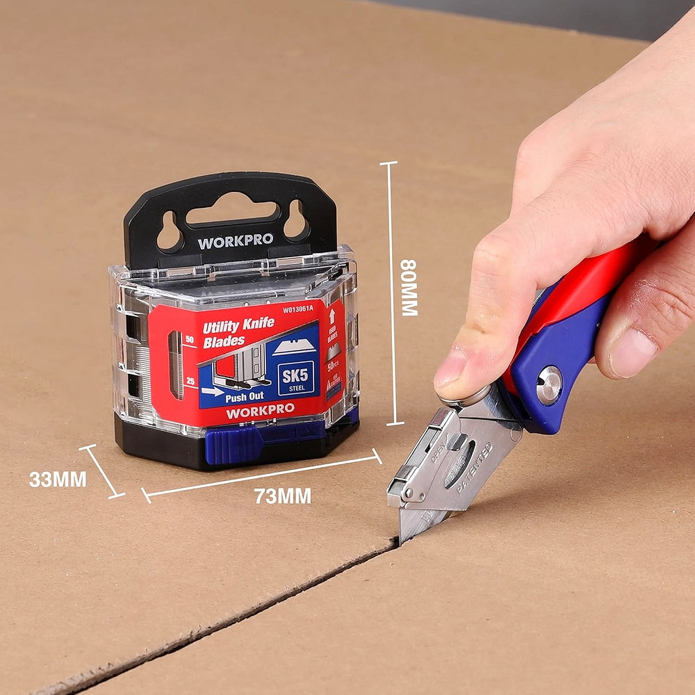 Utility knife blade dispenser pack and utility cutter blade cutting cardboard