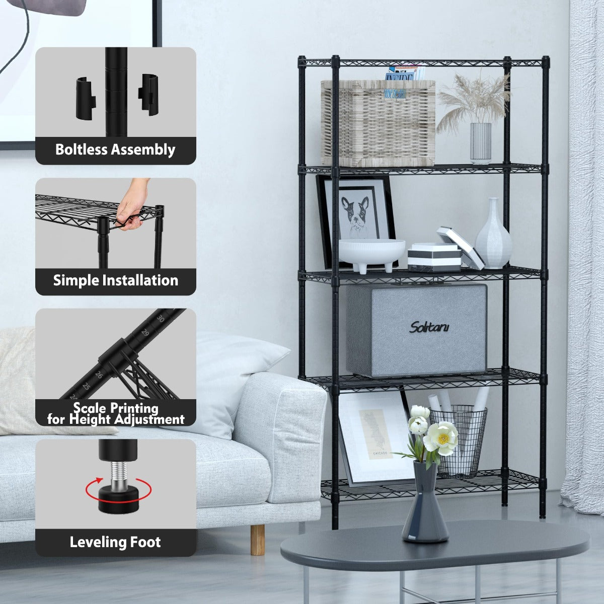 Black wire storage rack with leveling feet and adjustable height shelves