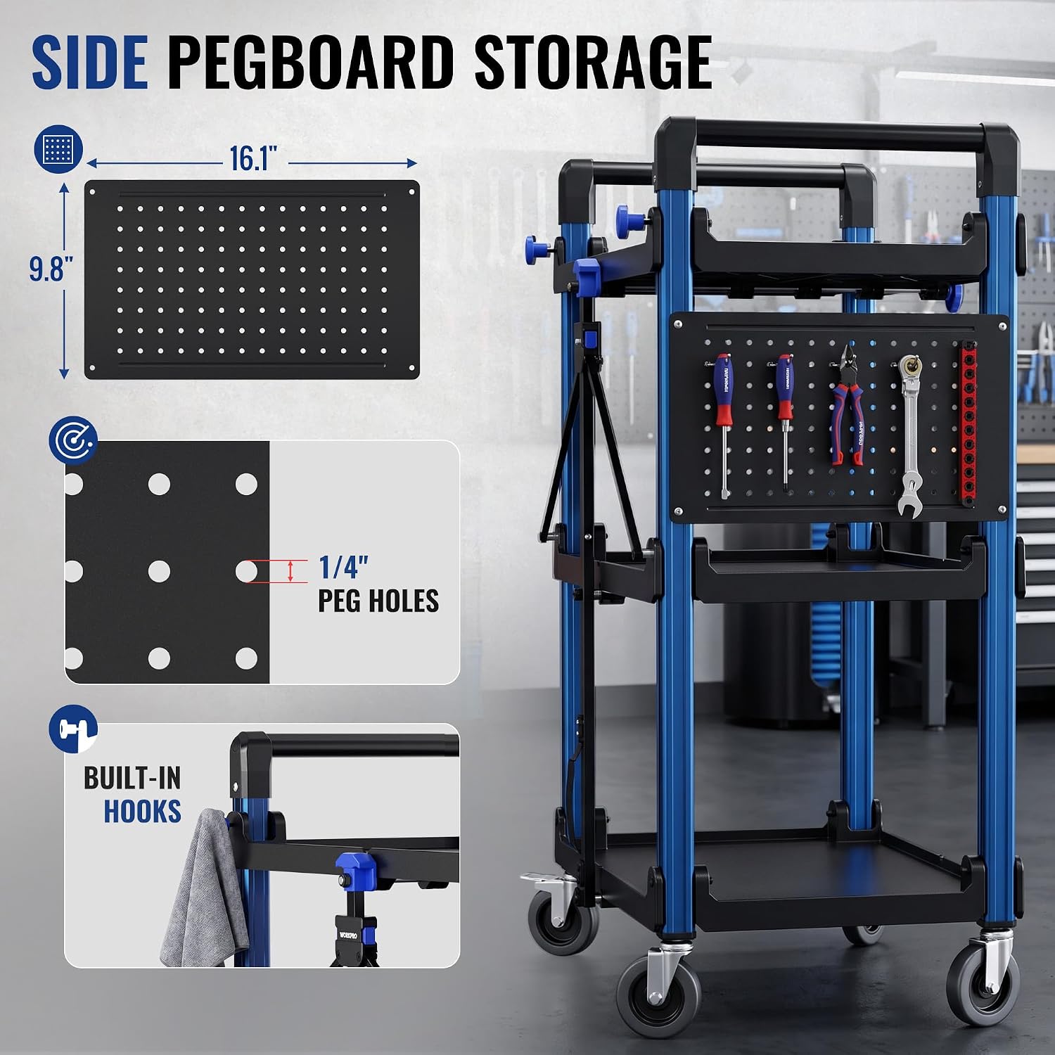 WORKPRO 3-Tier Heavy Duty Collapsible Service Cart-Blue and Black