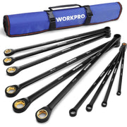WORKPRO extra-long ratcheting wrench set with rolling pouch, black handles and gold ends
