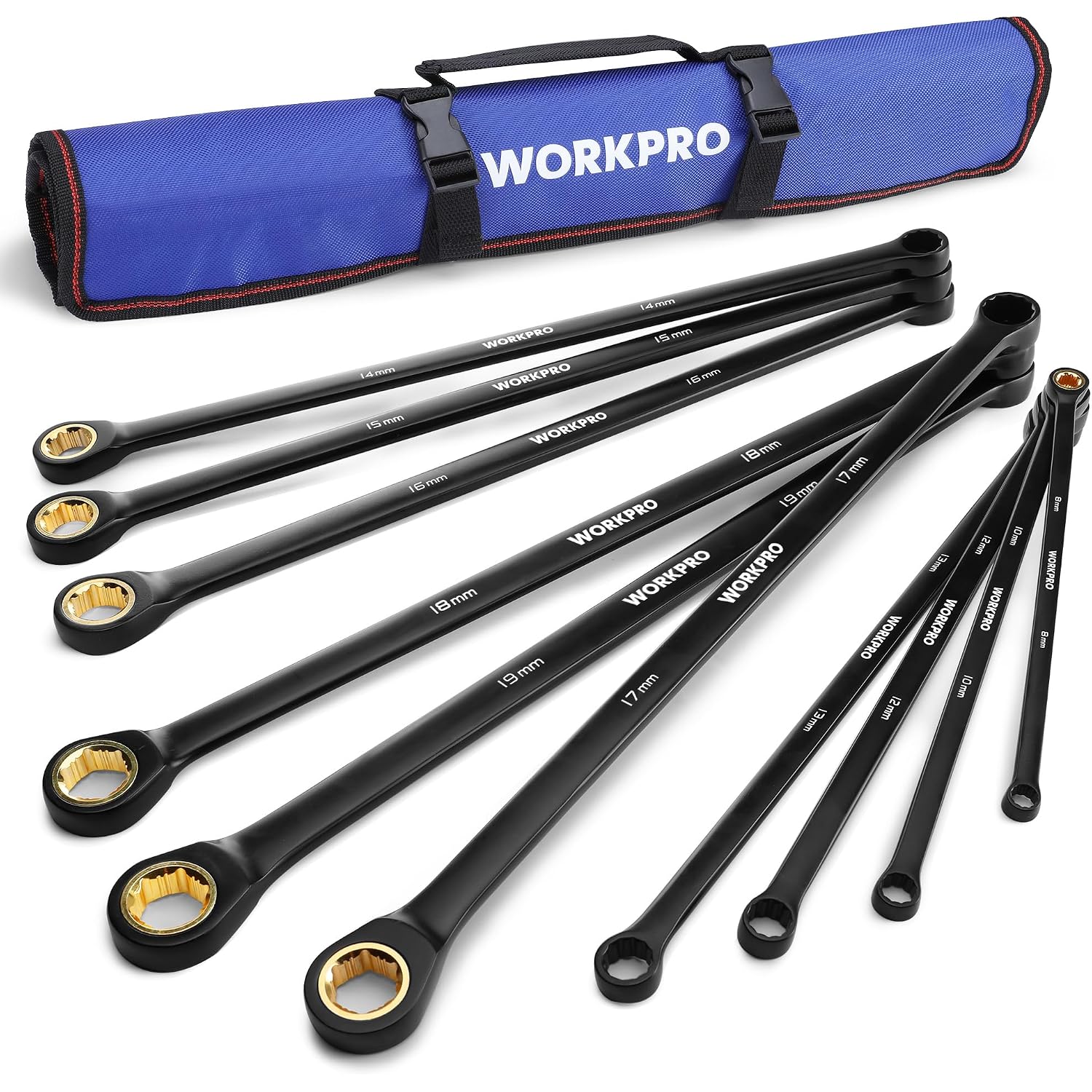 WORKPRO extra-long ratcheting wrench set with rolling pouch, black handles and gold ends