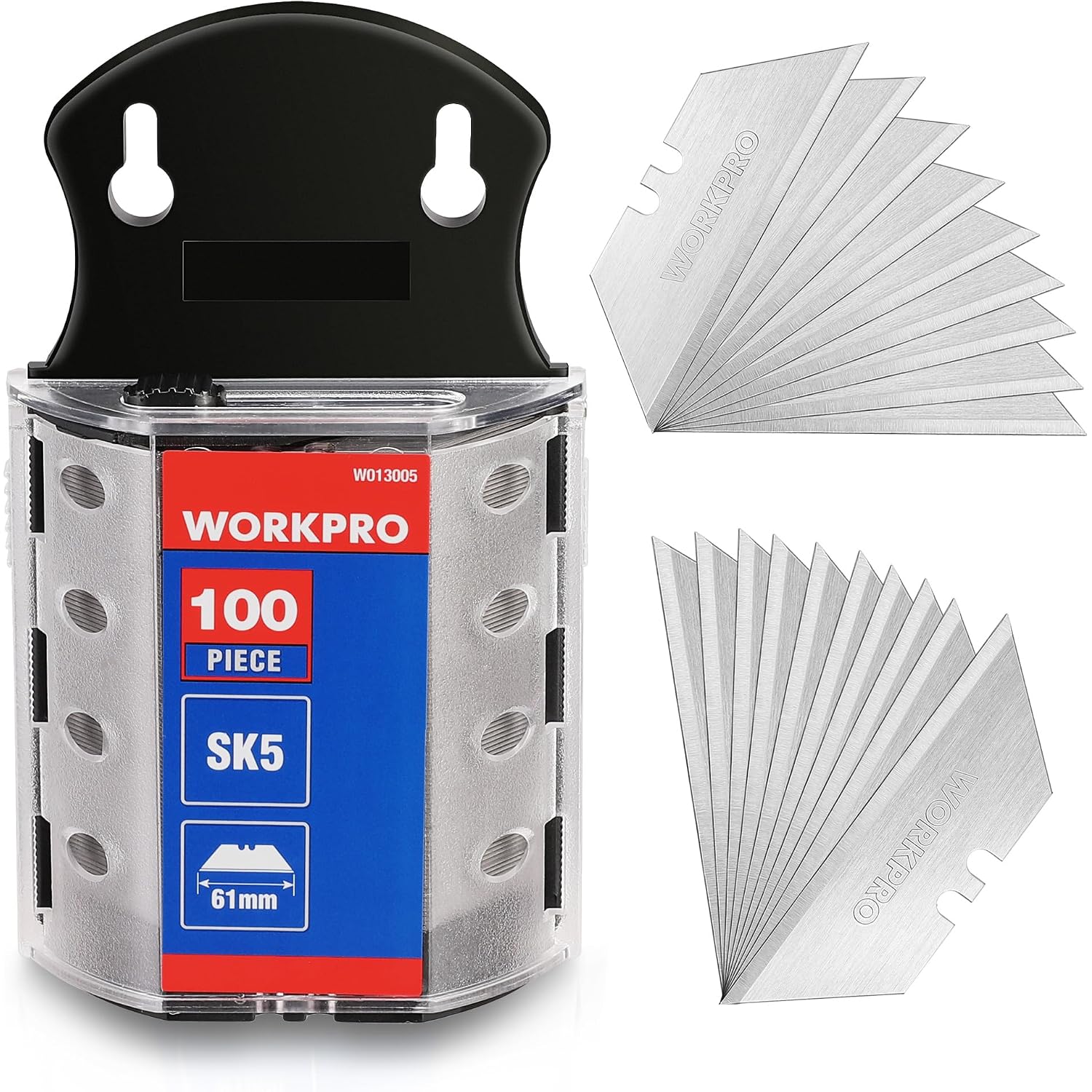 Utility knife blade dispenser with clear container and SK5 steel replacement blades