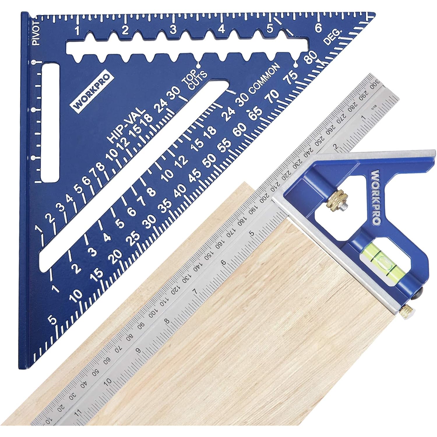 Blue metal combination square set with etched degree scales and spirit level