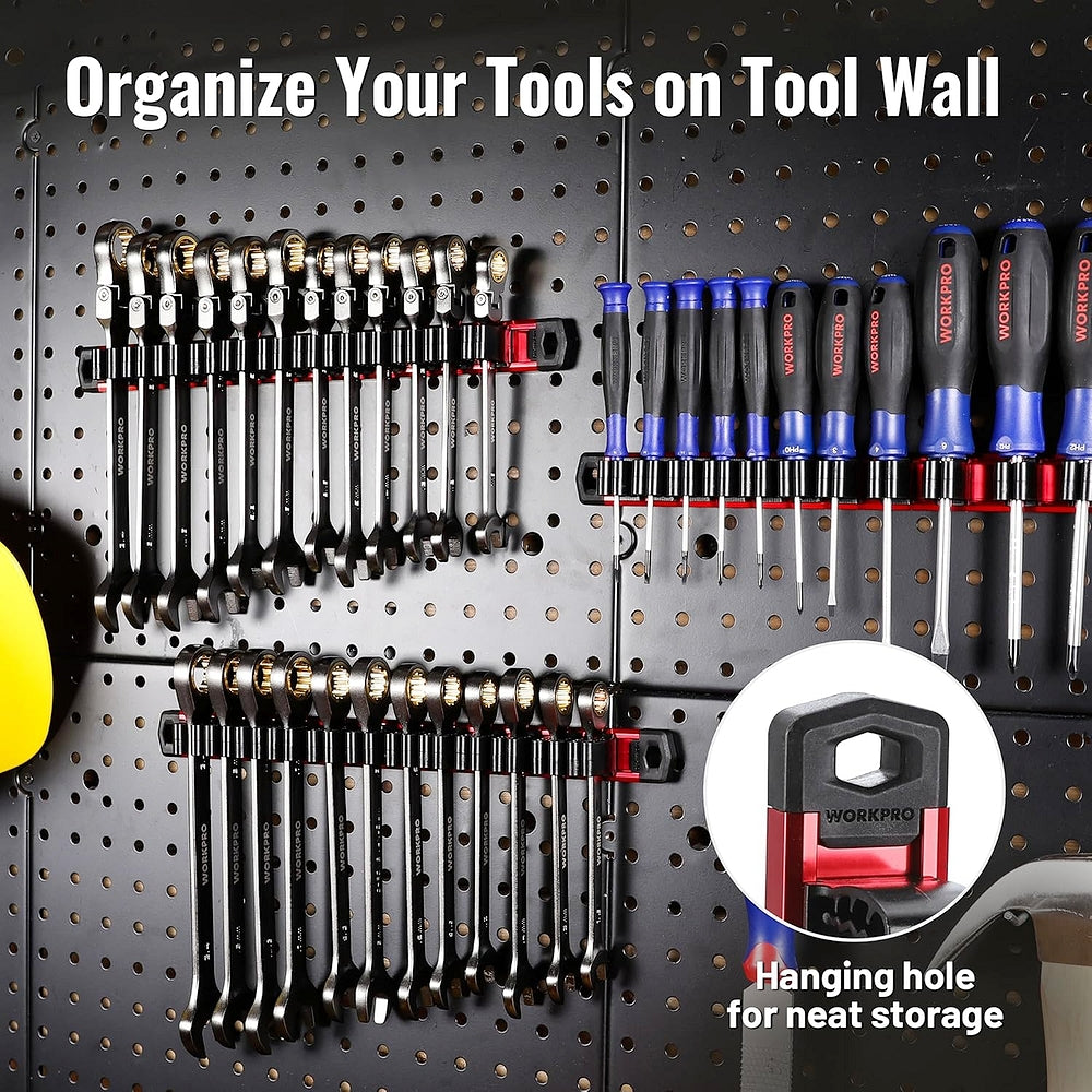 Tool wall organizer with black clip slots and multiple screwdriver and wrench holders