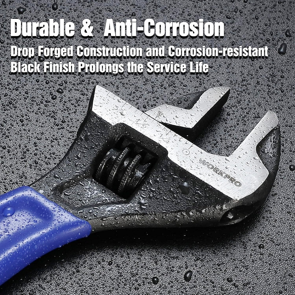 WORKPRO adjustable wrench with black oxide finish, blue handle, and water droplets