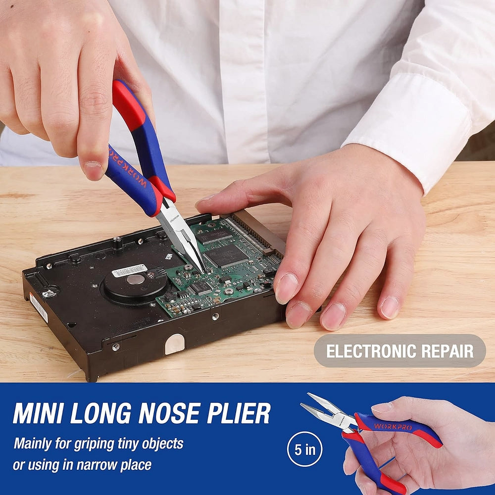 WORKPRO mini long nose plier with blue-and-red insulated handles for electronics