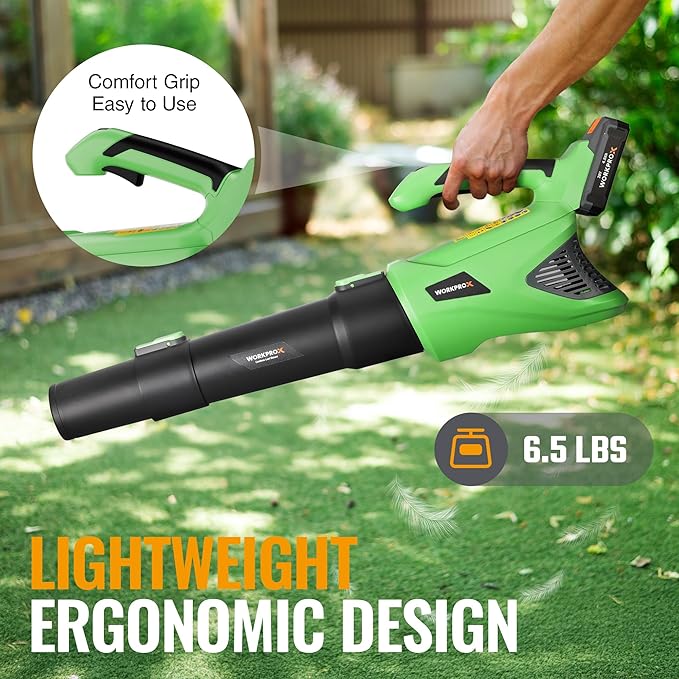 WORKPROX 20V Electric Cordless Leaf Blower, Variable Speed, 4.0Ah Battery & ype-C Charging Cable Included