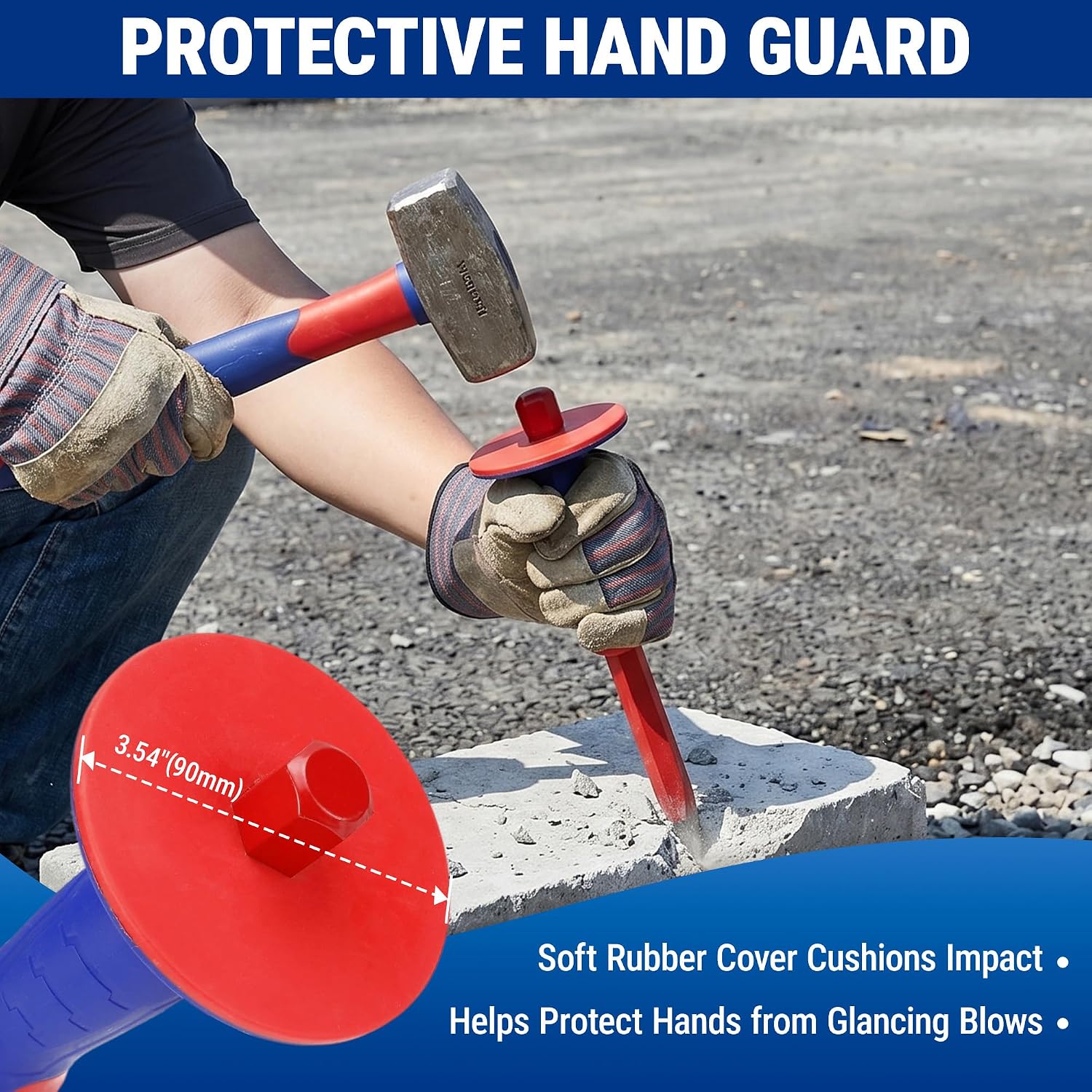 WORKPRO 3-piece masonry chisel set with protective hand guard, featuring blue and red handles and steel chisel heads