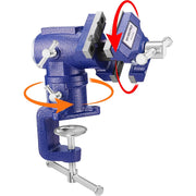 Blue clamp-on bench vise with dual jaws and anvil base on a stand
