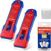 Two retractable razor blade scrapers with storage openings and single edge blade pack