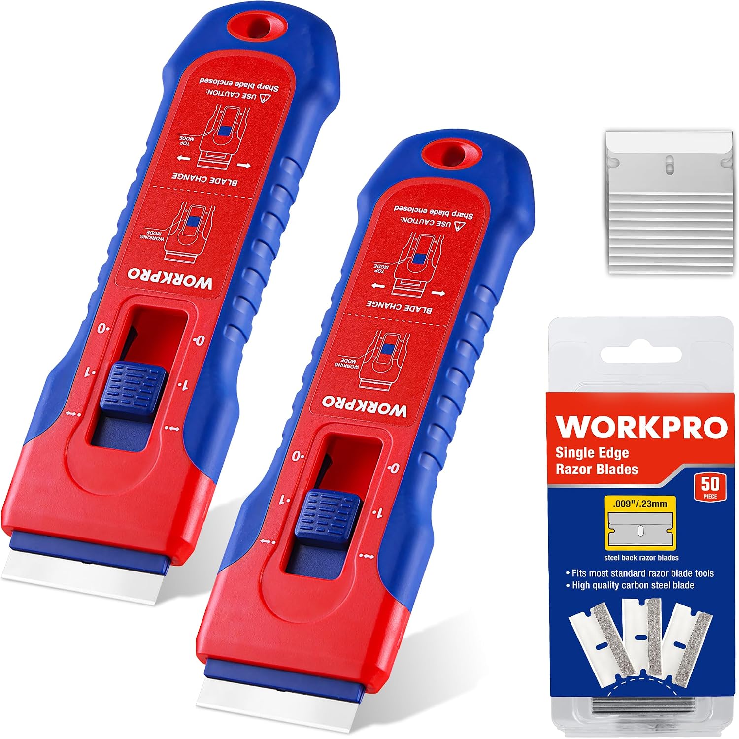 Two retractable razor blade scrapers with storage openings and single edge blade pack