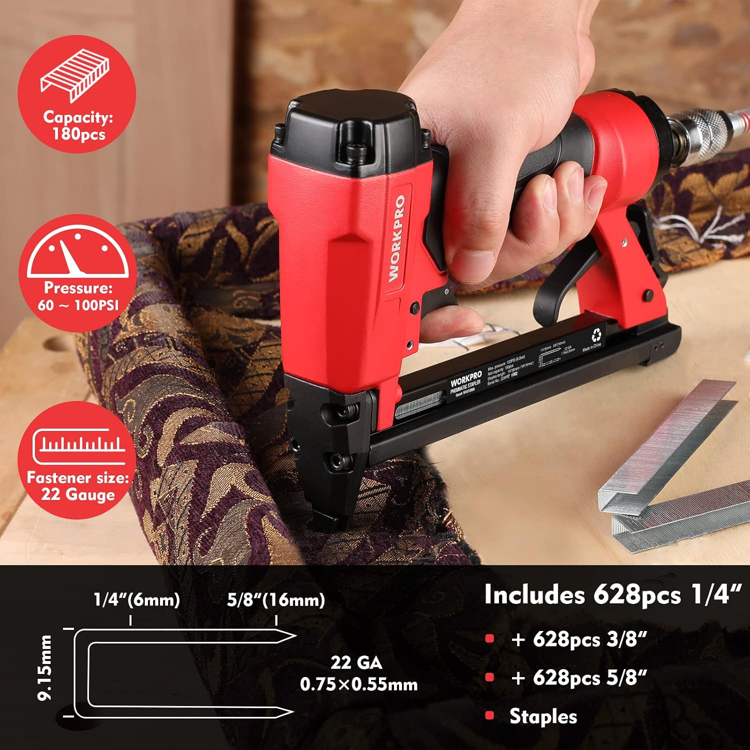 WORKPRO Pneumatic 22 Gauge Staple Gun, 7116 Upholstery Stapler with 1884pcs Staples 1/4” to 5/8”