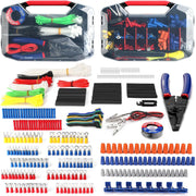 Crimp terminal repair kit accessories laid out, including terminals, wire leads, and tool pieces.